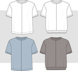 Men's high neck t-shirt, stitch detail short sleeve t-shirt set. Technical drawing illustration flat sketch.