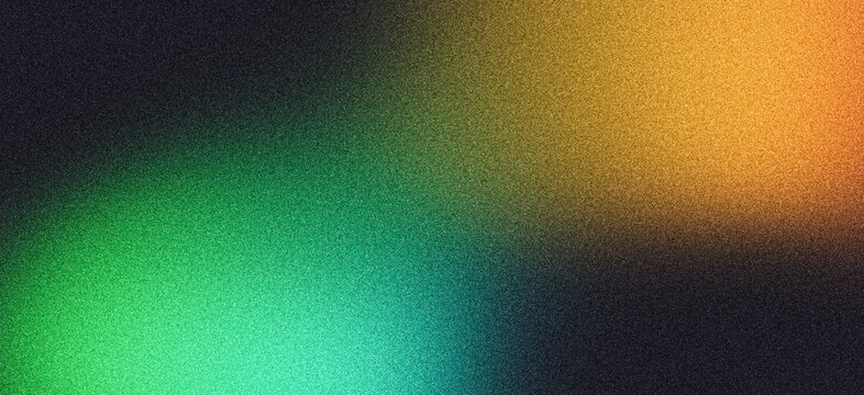 Grainy noise texture background, abstract orange green vibrant glowing color gradient shape on black backdrop, dark banner poster header cover wallpaper design