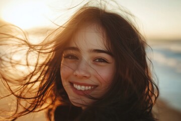 Fototapeta premium A woman with long hair is smiling and looking at the camera
