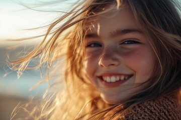 Fototapeta premium A young girl with long hair is smiling and looking at the camera