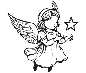 Angel with wings, Cute fairy, Angle wings line art vector