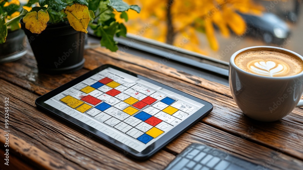Aufkleber a person enjoying their morning coffee while playing a word puzzle game on their tablet in their coz