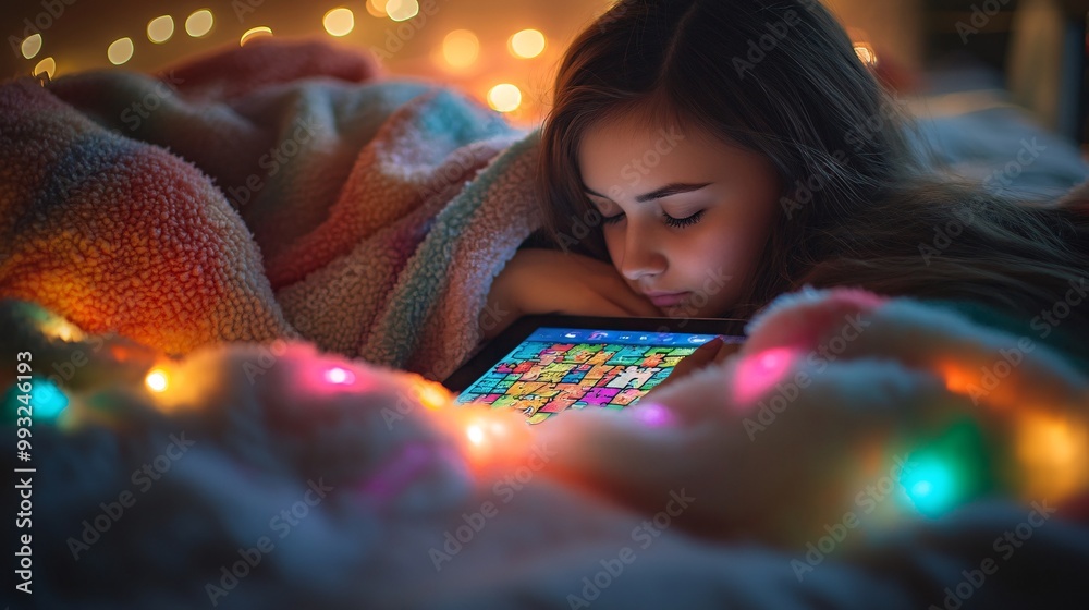 Poster A woman lying in bed playing a word puzzle game on her tablet as part of her evening routine Large space for text in center Stock Photo with copy space