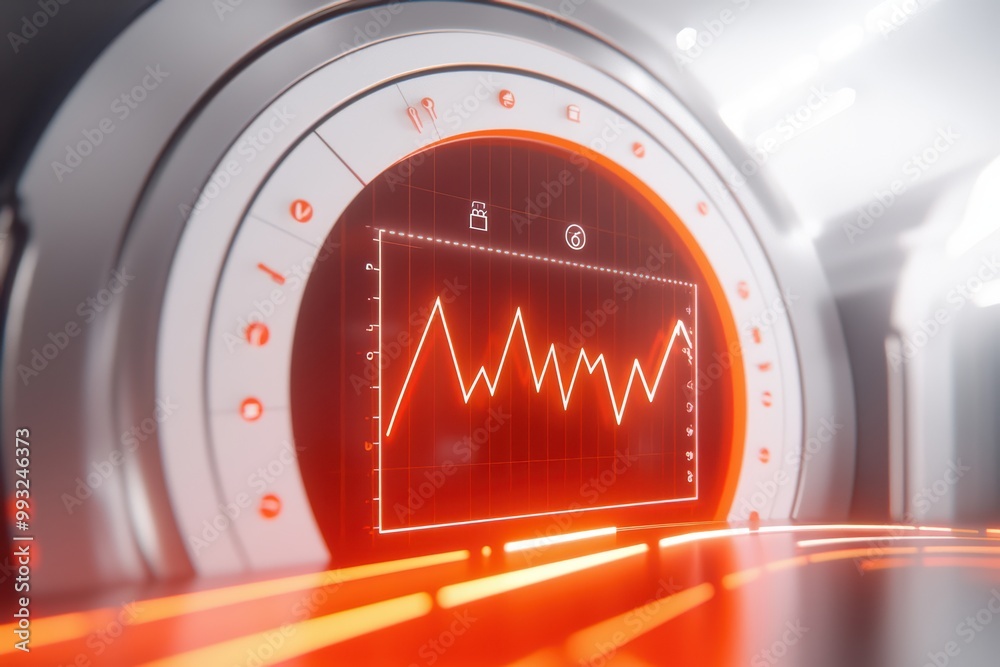 Poster modern data visualization display featuring dynamic graph in vibrant red tones.