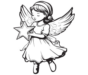 Angel with wings, Cute fairy, Angle wings line art vector