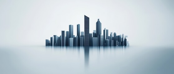 Fototapeta premium Modern skyline silhouette with reflective water and misty atmosphere, ideal for urban themes.