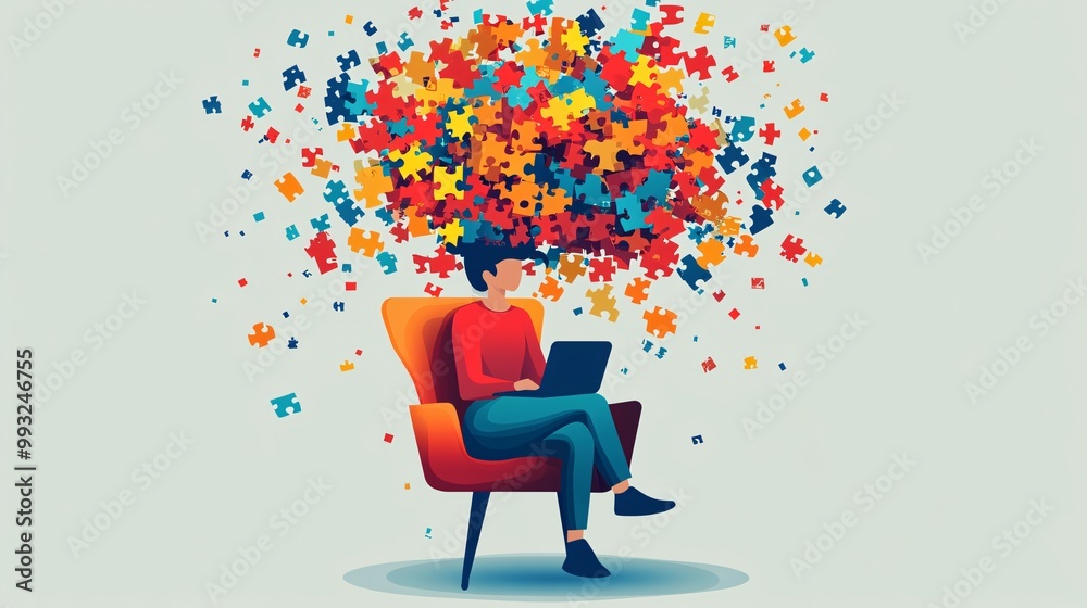 Poster A flat design of a person sitting on a chair with a laptop in hand playing a word puzzle game with a focus on the screen Large space for text in center Stock Photo with copy space