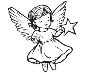 Fototapeta premium Angel with wings, Cute fairy, Angle wings line art vector