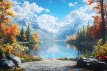 A breathtaking view of a serene mountain lake surrounded by vibrant autumn trees and snow-capped peaks, capturing the essence of nature's beauty