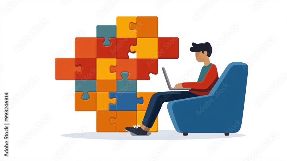 Poster A flat design of a person sitting on a chair with a laptop in hand playing a word puzzle game with a focus on the screen Large space for text in center Stock Photo with copy space