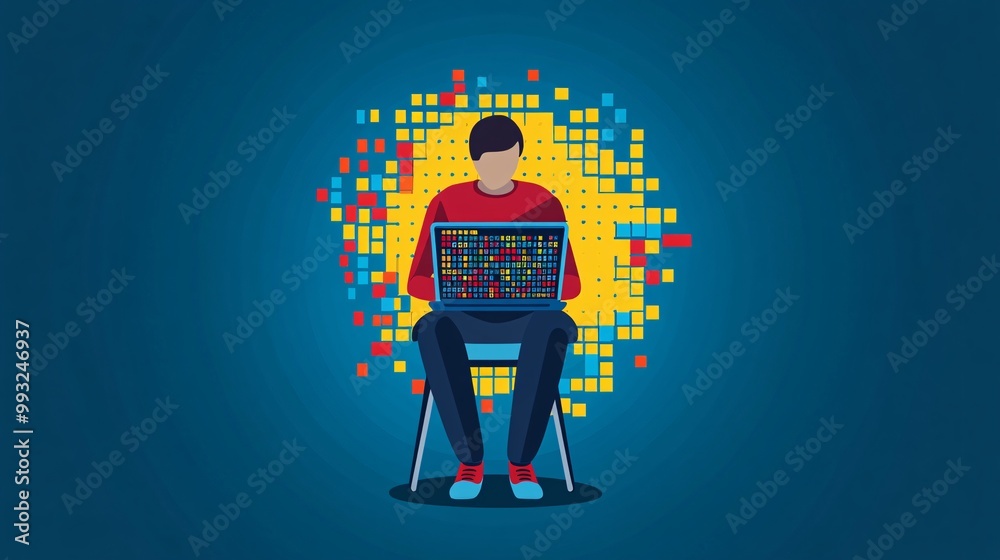 Poster A flat design of a person sitting on a chair with a laptop in hand playing a word puzzle game with a focus on the screen Large space for text in center Stock Photo with copy space