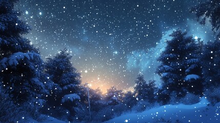 Naklejka premium A serene winter evening featuring gently falling snowflakes over a tranquil forest landscape under a starry night sky