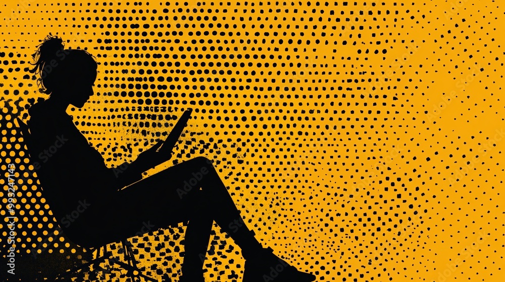 Poster A flat design of a person sitting on a chair with a laptop in hand playing a word puzzle game with a focus on the screen Large space for text in center Stock Photo with copy space