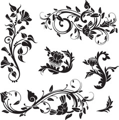 Floral vector ornaments luxury set with various types of flowers, leaves and swirls, made in traditional Japanese and Chinese styles. Exquisite wedding decoration designs, vinyl and laser ready.	
