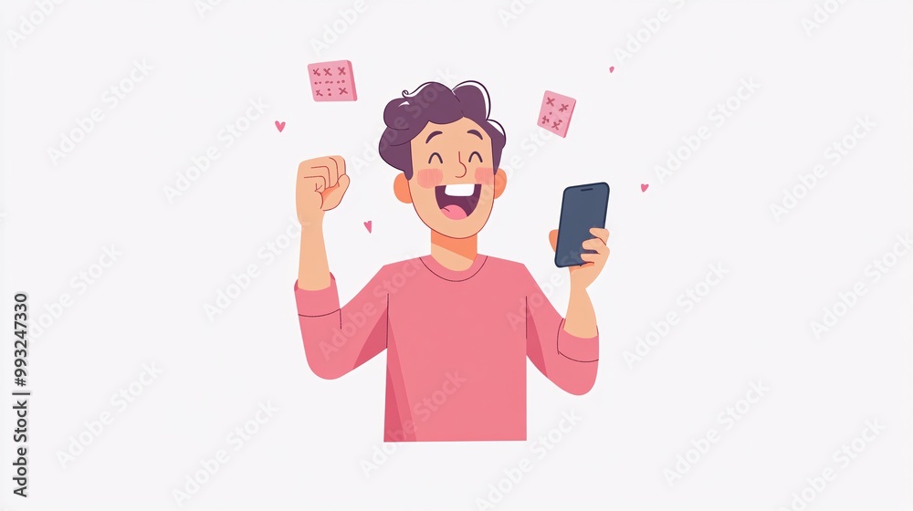 Poster A stylized vector of a person celebrating after solving a word puzzle game on their phone held up high in victory Large space for text in center Stock Photo with copy space