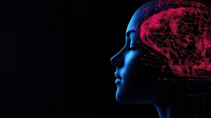 Fototapeta premium Profile of a woman with abstract digital elements representing brain activity on a dark background.