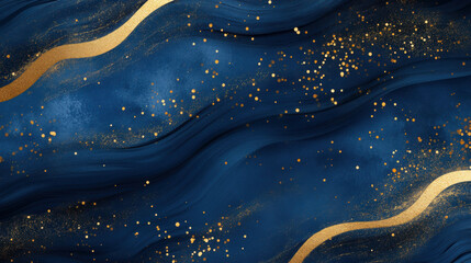 Elegant and timeless navy blue background with soft gold accents, featuring flowing waves and sparkling golden dots, perfect for sophisticated designs