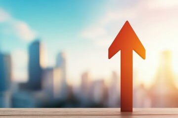Fototapeta premium Red upward arrow symbolizing growth on a table with a blurred cityscape in the background.
