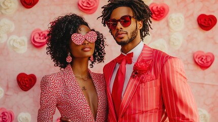 A joyful couple in matching red suits posing with heart-shaped balloons against a colorful backdrop during a bright sunny day