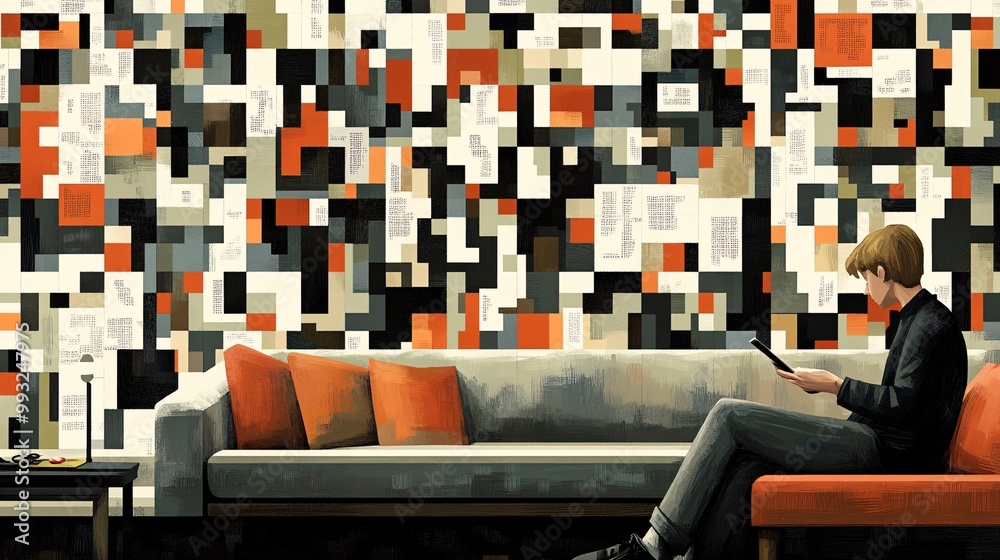 Poster A minimalist vector of a player sitting on a couch with their phone in hand while solving a word puzzle game Large space for text in center Stock Photo with copy space