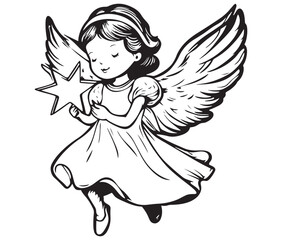 Angel with wings, Cute fairy, Angle wings line art vector