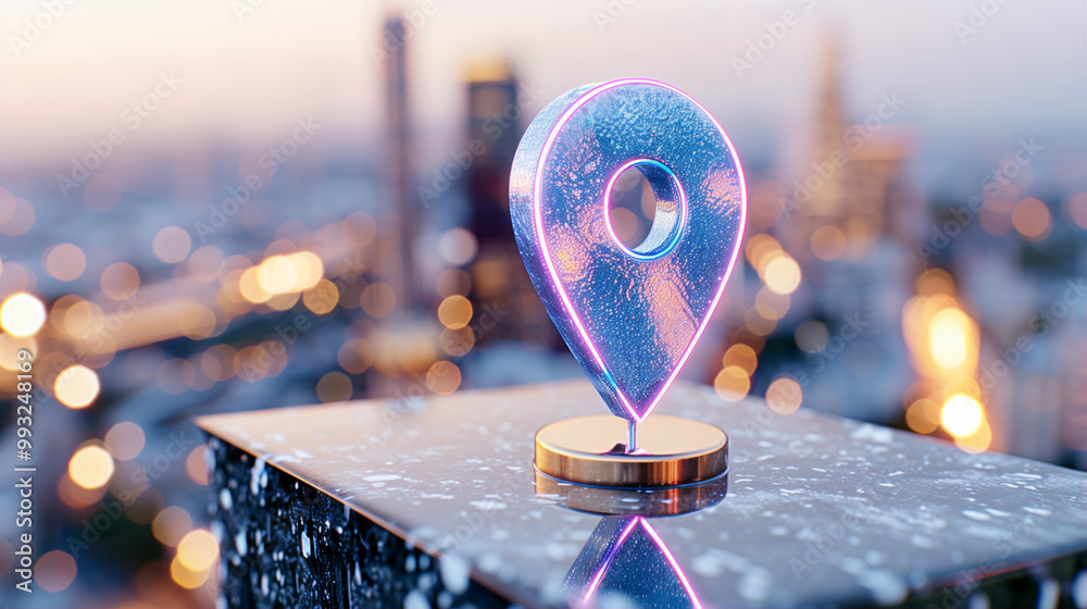 Poster map pin location marker on blurred city background with bokeh lights emphasizing navigation and trav