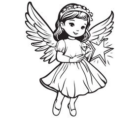 Angel with wings, Cute fairy, Angle wings line art vector