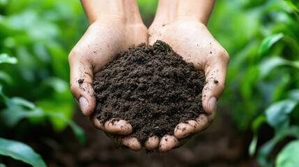 Cultivating Healthy Soil: Hands Holding Rich Dark Earth for Organic Farming