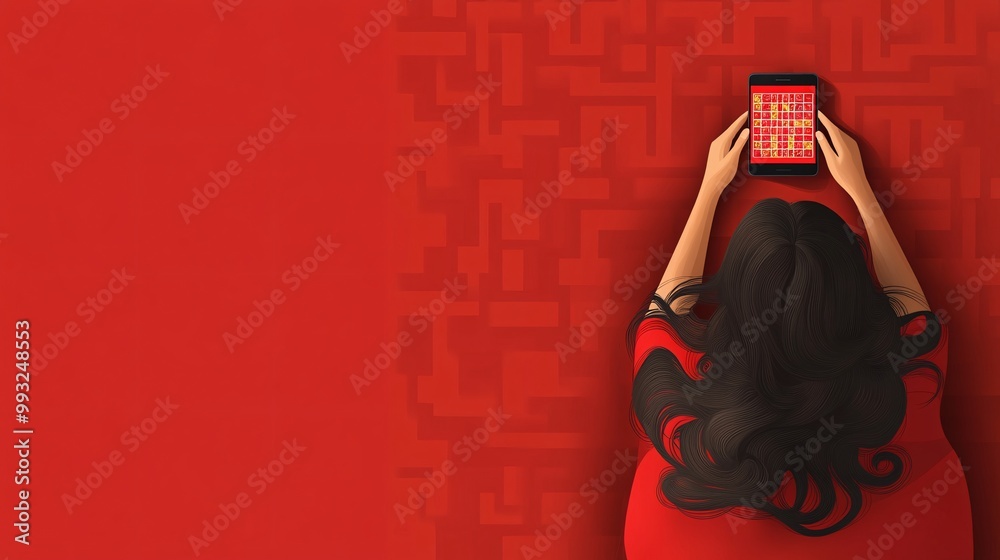 Leinwandbilder A flat design of a person lying in bed playing a word puzzle game on their phone with a calm expression Large space for text in center Stock Photo with copy space
