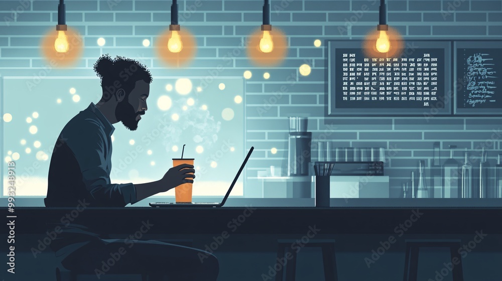 Poster A clean vector design of a person sitting at a cafe playing a word puzzle game on their laptop while sipping a drink Large space for text in center Stock Photo with copy space