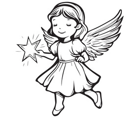 Angel with wings, Cute fairy, Angle wings line art vector