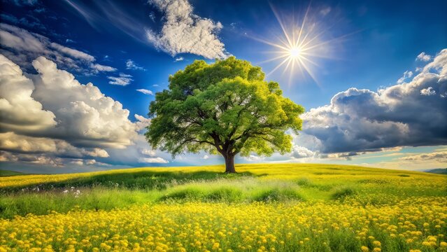 vibrant summer scene showcasing statuesque tree in sun-drenched green meadow dotted with bright yellow wildflowers and puffy white clouds