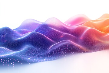 Abstract colorful digital wave with glowing particles on white background.