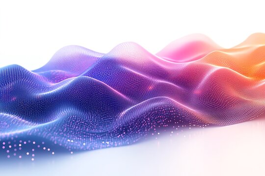 Abstract colorful digital wave with glowing particles on white background.