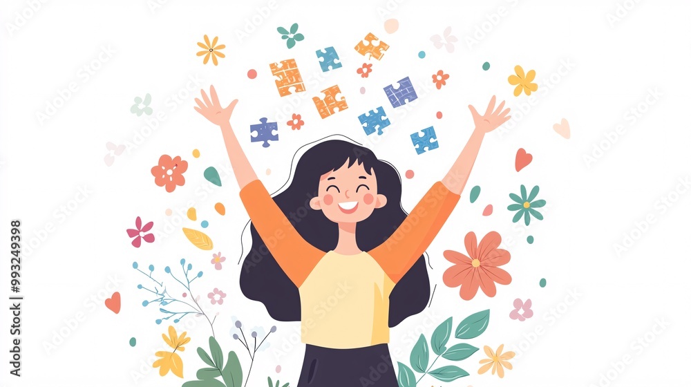 Poster a minimal vector of a person celebrating their win in a word puzzle game by throwing their arms up i