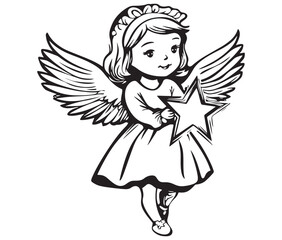 Fototapeta premium Angel with wings, Cute fairy, Angle wings line art vector
