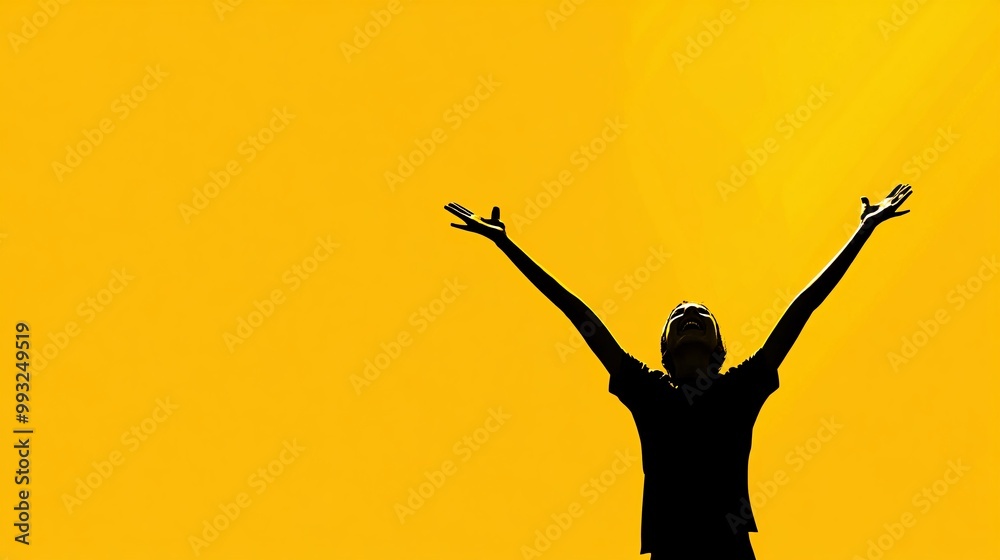 Poster A minimal vector of a person celebrating their win in a word puzzle game by throwing their arms up in excitement Large space for text in center Stock Photo with copy space