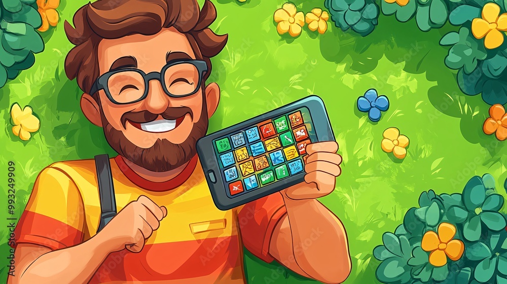 Poster A stylized vector of a player lying on the grass in a park while playing a word puzzle game on their phone with a smile Large space for text in center Stock Photo with copy space