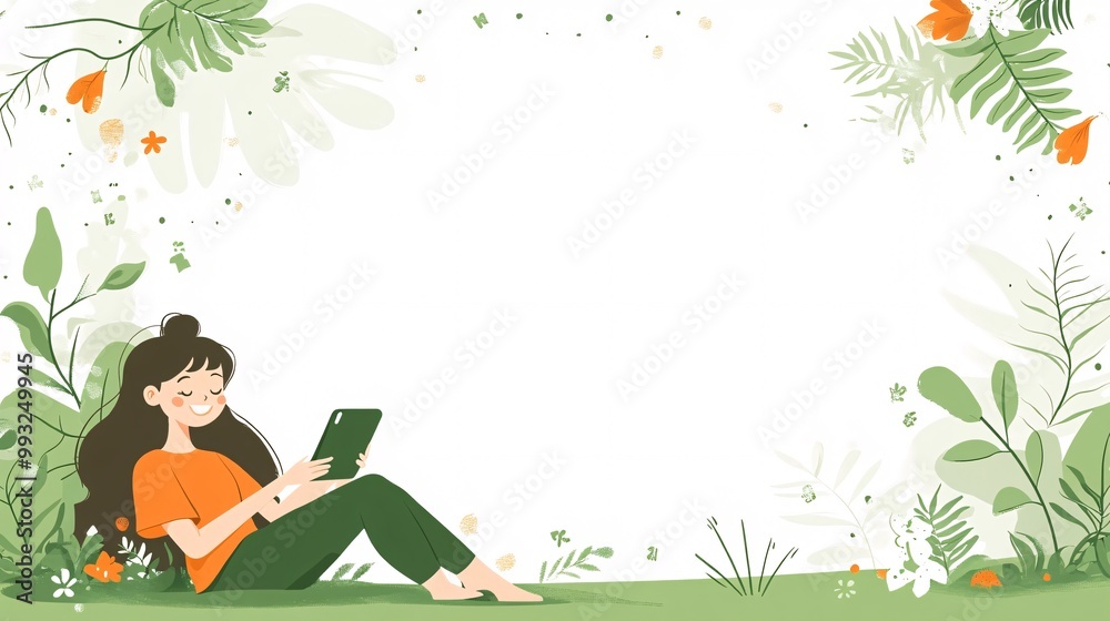Aufkleber A stylized vector of a player lying on the grass in a park while playing a word puzzle game on their phone with a smile Large space for text in center Stock Photo with copy space