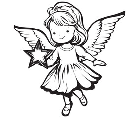 Angel with wings, Cute fairy, Angle wings line art vector