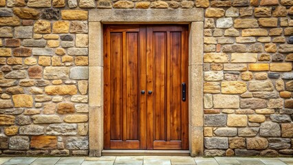 Retro closed wooden entrance door outside with stone wall facade reflected, entrance door, wooden, facade, stone wall, closed,retro