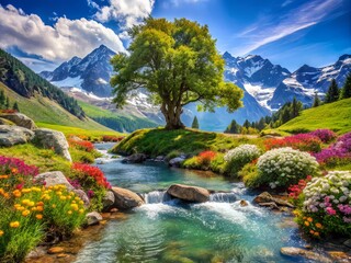 Naklejka premium Vibrant Oasis Lush greenery surrounds a majestic tree beside a crystal clear mountain stream's gentle melodic voice in a kaleidoscope of colorful blooming flowers.