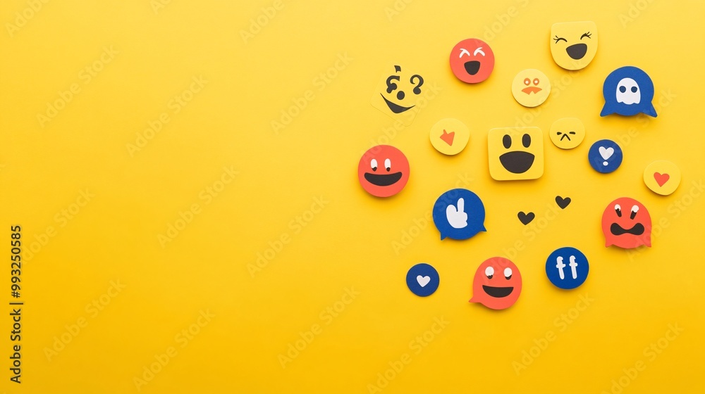 Poster A stylized flat design of a social media post sharing a word puzzle game score with emojis and reactions from friends popping up Large space for text in center Stock Photo with copy space