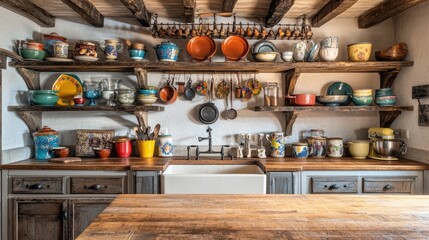 A rustic farmhouse kitchen with open shelving displaying colorful ceramic dishes and antique cooking utensils