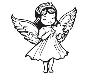 Angel with wings, Cute fairy, Angle wings line art vector