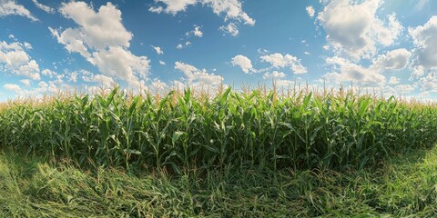 Obraz premium A panoramic shot of a cornfield with rows of tall, green corn stalks swaying in the wind under a blue sky