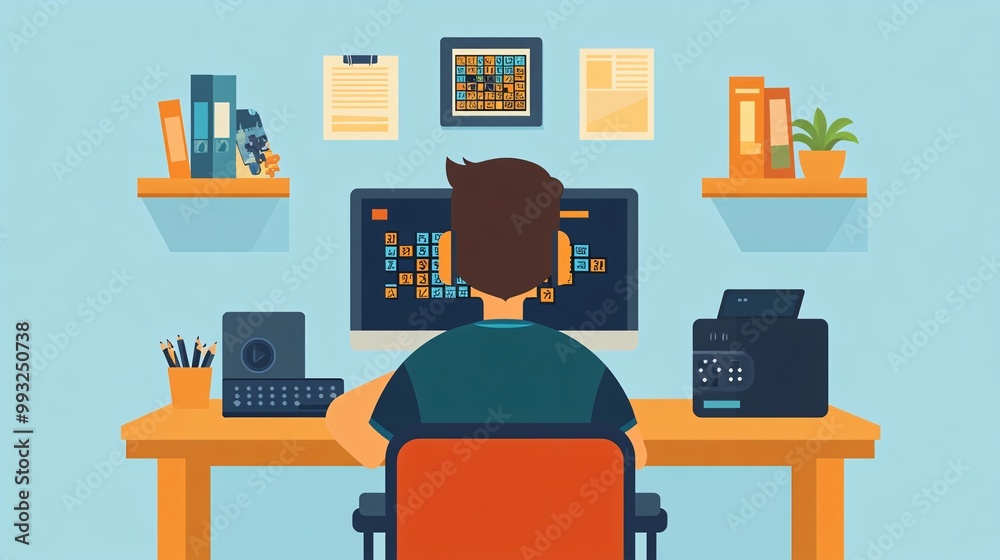 Poster A flat vector of a player sitting at their desk typing their word puzzle game score into a group chat to share with friends Large space for text in center Stock Photo with copy space