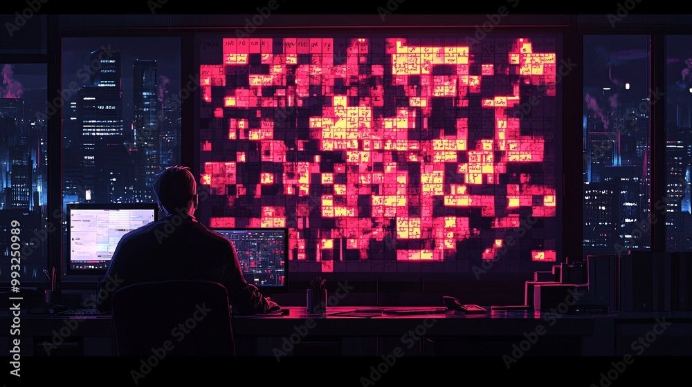 Poster A flat vector of a player sitting at their desk typing their word puzzle game score into a group chat to share with friends Large space for text in center Stock Photo with copy space