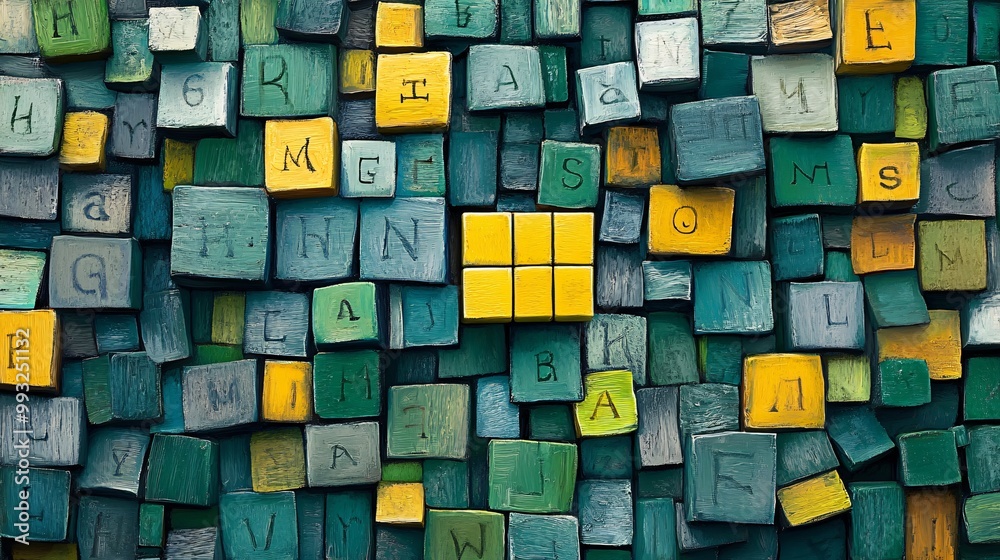 Aufkleber A clean vector design of a word puzzle game screen displaying green yellow and gray tiles as words are guessed correctly Large space for text in center Stock Photo with copy space