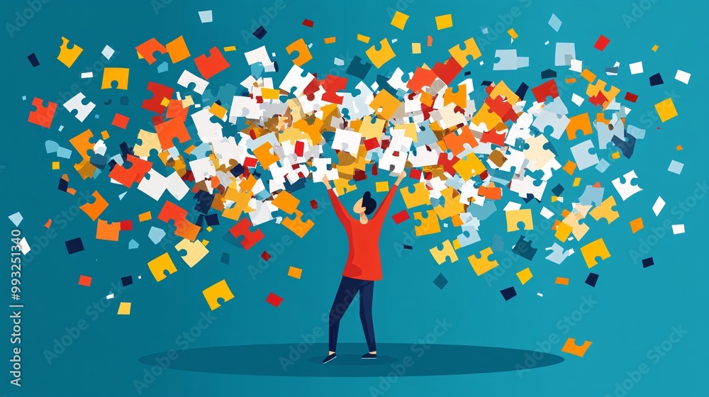 Aufkleber A clean vector design of a player winning a word puzzle game while confetti appears around the screen signifying victory Large space for text in center Stock Photo with copy space